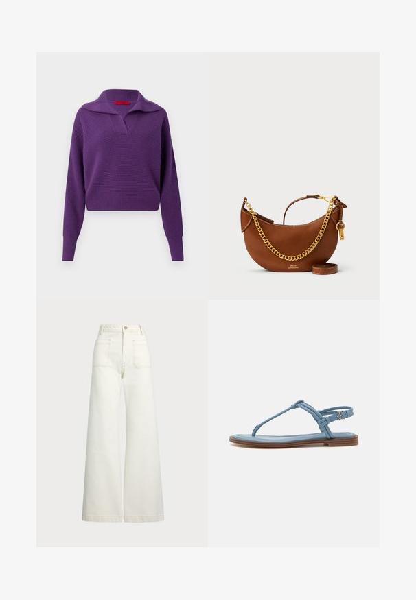 Lilla kudumine kampsun laia kaeluse, V-kujulise kaeluse ja pika varrukaga. Tekstureeritud kangas, lühike pikkus, millel on bränditud punane silt seest.; Laiad teksad heledast denimist. Kõrge vöökoht, nööbivöö, kaks esikotitäit ja kontrastsed õmblused.; Sinine nahast sõrmsandaal, millel on lame tall ja õhuke rihmastruktuur, ning ankle-luku tõmblukk, mis tagab kindla sobivuse.; Pruun nahast käekott kaarjate joontega, kullast ketirihm, sisemine tasku ja eemaldatav õlarihm. Omab kontrastset õmblust.