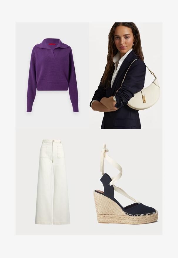 Purpurinė megzta palaidinė su plačiu apykakle, V formos iškirpte ir ilgomis rankovėmis. Audinys su tekstūra, trumpas ilgis, su ženkliniu raudonu vidiniu etiketė.; Plati kojinės džinsai of white denimo. Aukštas liemuo, su mygtuko uždarymu, dviem priekinėmis kišenėmis ir kontrastingai siuvinėjimu.; Laivyno mėlynos drobinės pakulnės šlepetės su espadrilės virve ir grietinėlės spalvos kaspinais aplink kulkšnį. Uždara kulniuko ir apvalios noselės dizainas.; Balta odinė rankinė, lenkto dizaino, su auksiniais elementais ir tekstūruota apdaila, dėvima su tamsiu švarku ir baltu marškiniu.