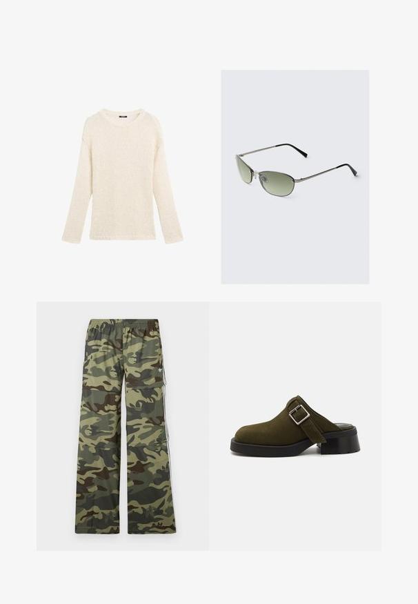 Gestrickter Pullover in Creme, mit Rundhalsausschnitt, langen Ärmeln, lockerer Passform und Fransenverzierung am Saum und an den Bündchen.; Cargohosen im Tarnmuster in Grüntönen und Brauntönen, mit weitem Bein, elastischem Taillenbund und seitlichen Taschen mit Streifen.; Olivgrüner Wildleder-Mule mit einem niedrigen, klobigen schwarzen Absatz. Verfügt über einen Seitenriemen mit einer silbernen Schnalle zur Anpassung. Insgesamt glatte Textur.; Metallsonnenbrille mit schmalen grünen Gläsern, schlankem silbernen Rahmen und schwarzen Bügelspitzen. Verfügt über kleine Nasenpads für zusätzlichen Komfort.