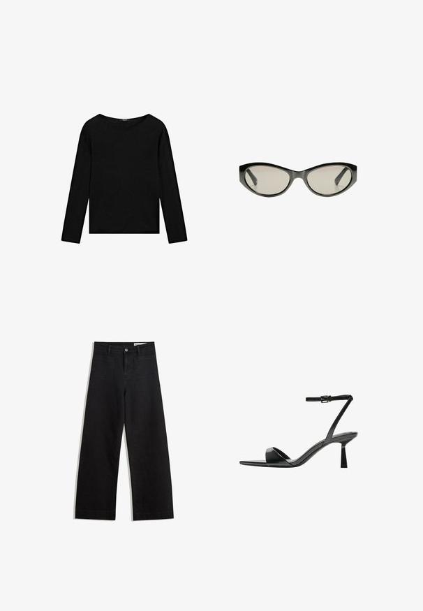 Maglietta nera a maniche lunghe con scollatura a barca, realizzata in un tessuto morbido con una texture liscia e orlo dritto.; Pantaloni in denim neri a gamba larga con vita alta, dotati di tasche anteriori e posteriori, cuciture a punto, e chiusura con bottone. Texture liscia.; Bershka Sandali con tacco - black; Occhiali da sole neri a forma di occhio di gatto con lenti grigie. La montatura in plastica presenta bordi affilati e una finitura liscia e lucida.