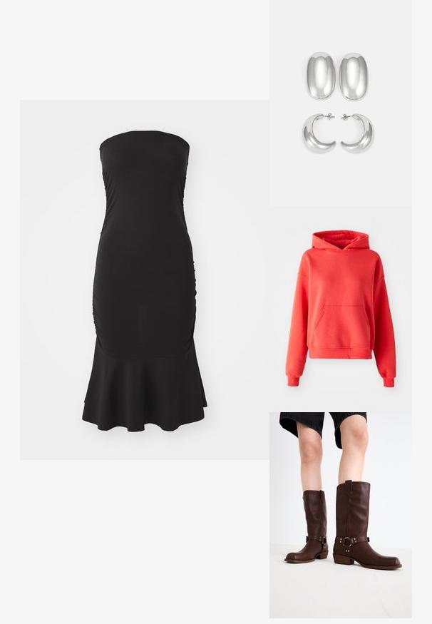 Koralna kapuca iz mehkega materiala, z sprednjim žepom, nastavljivo kapuco z vrvico ter rebrastimi manšetami in robom. Ohlapen kroj.; Črna brezramna obleka iz elastične tkanine, s smučanjem ob straneh in razširjenim robom. Gladka tekstura z oprijetim silhuetom.; Rjave usnjene čizme do kolen s zaobljenim nosom, teksturirano površino, trakovi okoli gležnja in srebrni detajli; zasnovane s steknjenim peto.; Set srebrnih uhani: dva ovalna ušesa in dve obročni obliki, z visokim sijajem, gladko površino in okroglo obliko.