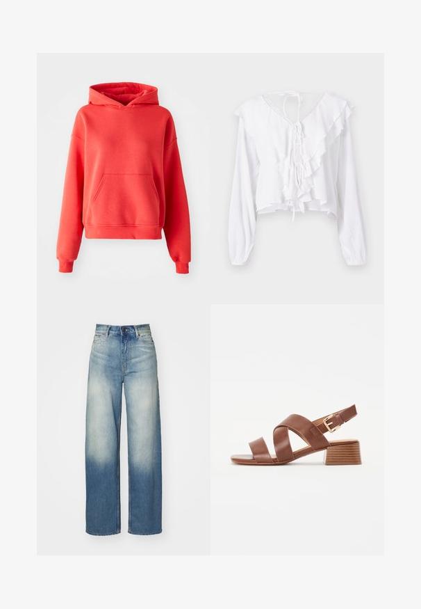 Hoodie coral din țesătură moale, cu buzunar frontal, glugă cu șnur ajustabil și manșete și tiv ribbonate. Croială relaxată.; Bluză albă cu mâneci lungi, cu decolteu fluture și legare la spate. Prezintă un material texturat și un design scurt, cu o croială lejeră.; Jeans largi de culoare albastru deschis, cu talie înaltă, fabricați din denim, având un gradient estompat, cinci buzunare și accente din metal.; Sandal din piele maro cu design cu bretele încrucișate, cataramă reglabilă la gleznă și toc jos, căptușit, cu un finisaj texturat.