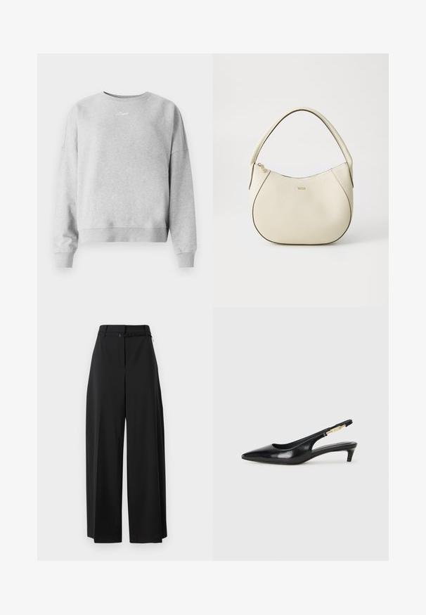 Világosszürke pulóver kerek nyakkivágással, bordázott mandzsettákkal és hemel, letisztult szöveges logóval a mellkason. Puha, texturált anyag.; Fekete, bő szárú nadrág magas derekú szabással és övvel. Simaságával és letisztult vonalaival a laza illeszkedés érdekében készült.; Fekete bőr slingback magassarkúk, hegyes orral, vékony sarkakkal és arany színű részlettel a állítható pánton. Simа felület.; Krém színű kézi táska texturált felülettel, ívelt formával, rövid fogantyúval és arany színű logó részlettel. Cipzáros záródás a tetején.