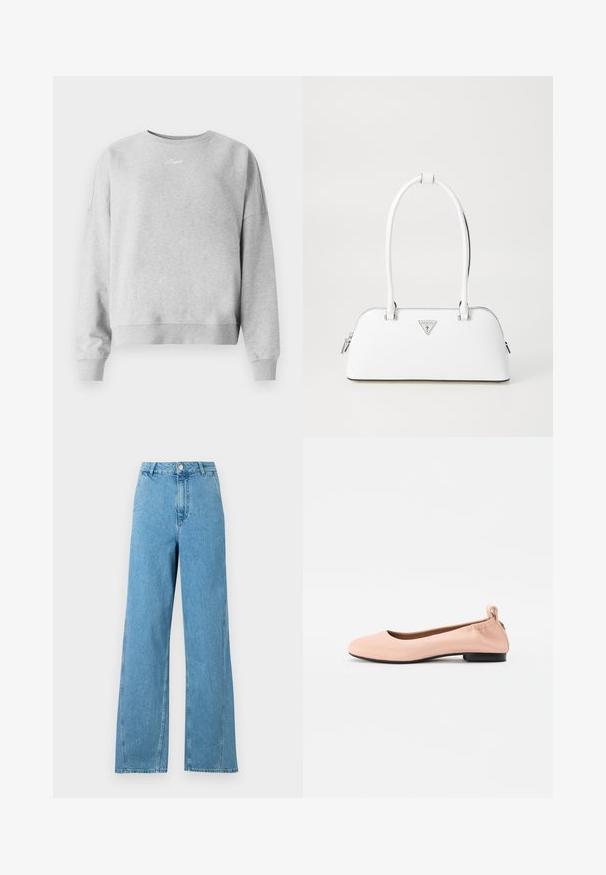 Světle šedá mikina s kulatým výstřihem, ribbovanými manžetami a lemem, a decentním textovým logem na hrudi. Měkká, texturovaná tkanina.; Světle modré široké džíny s vysokým pasem, pěti kapsami a uzávěrem na kovový knoflík. Vyrobené z denimu s hladkou strukturou.; Bledě růžové baletní byty vyrobené z hladkého materiálu, s kulatou špičkou, flexibilní zadní částí a malým černým podpatkem.; Bílá kožená kabelka s zakřiveným tvarem, na které se nachází stříbrné trojúhelníkové logo a zipové uzavření. Hladký povrch a dvojité uši.