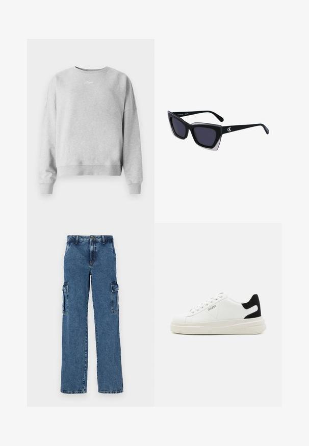Világosszürke pulóver kerek nyakkivágással, bordázott mandzsettákkal és hemel, letisztult szöveges logóval a mellkason. Puha, texturált anyag.; Kék farmer cargo nadrág laza szabással, két oldalsó zsebbel, megerősített varrással és egyenes lábbal.; Fehér bőr sportcipők vastag fehér talppal, fekete velúr sarokpikkelyel és dombornyomott logóval az oldalon. Fűzős kialakítás, hat fűzőlyukkal.; Fekete, nagyméretű napszemüveg geometrikus formával, sötét lencsékkel és kontrasztos szürke részlettel a kereten. Logó a szárán.