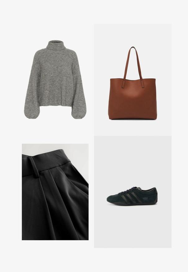 Szürke, bordázott kötött pulóver magas nyakkal, lecsúszott vállakkal és bő ujjakkal. Puha tapintású és rövid szabású.; Fekete nadrág sima, könnyű textúrával, szabott derékrésszel és redős elülső résszel, amely hangsúlyozza a strukturált sziluettet.; Fekete velúr sportcipő három fekete csíkkal, lekerekített orral és lapos talppal, diszkrét logóval a saroknál.; Barna bőr vászontáska sima textúrával, nyitott tetejű dizájnnal és két vállpánttal. Minimális varrással és látható hardver nélkül készült.