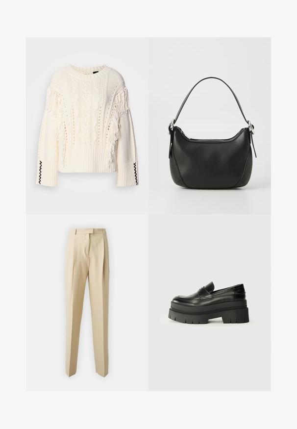 Kremlīgā krāsā adīts džemperis ar kabeli rakstiem, fringu detaļām uz piedurknēm un ribinātām aprocēm ar melnu akcenta šuvumu.; Bežīgas pielāgotas bikses ar taisnu griezumu, ar krokām, jostu un gludu faktūru. Nav redzamu kabatu vai rotājumu.; Melnas ādas loafers ar masīvu platformas zoli. Noapaļota purngala forma, priekšējā šuvju detaļa un smalki šuvju akcenti. Plakana, teksturēta zole.; Melnas ādas rokassoma ar izliekumu formu, sudraba rāvējslēdzis un īsu rokturi. Priekšpusē ir smalks logo un gluda tekstūra.