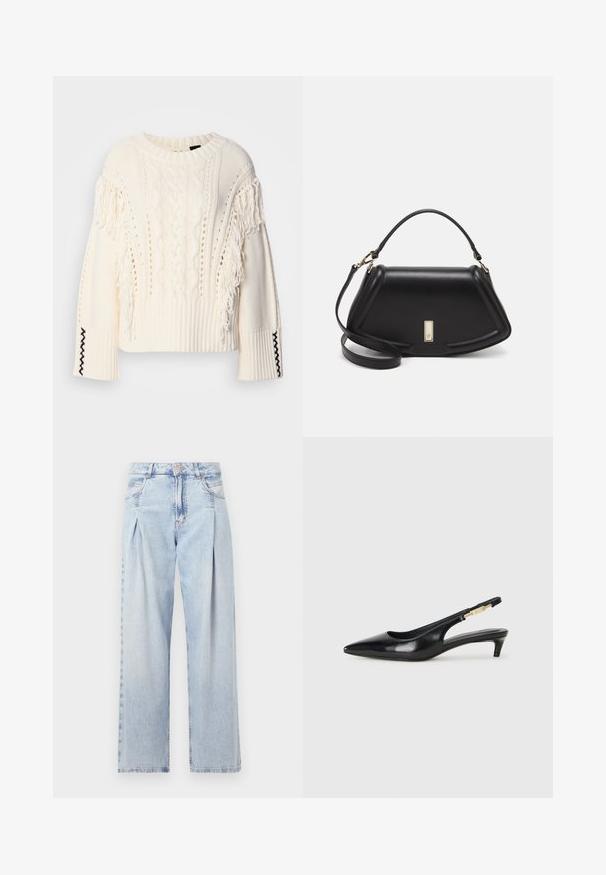 Krémszínű kötött pulóver, amely kábelmintákkal, ujjakon bojtokkal és bordás mandzsettákkal rendelkezik, fekete díszvarrással.; Világoskék farmernadrág magas derekú, bő szabású, két oldalsó zsebbel és pliszírozott dizájnnal. Puha tapintású, elhalványított felület.; Fekete bőr slingback magassarkúk, hegyes orral, vékony sarkakkal és arany színű részlettel a állítható pánton. Simа felület.; Fekete bőr kézitáska, strukturált dizájnnal, rövidített formával, felső fogantyúval és arany színű kiegészítőkkel. Állítható vállpánt is tartozik hozzá.