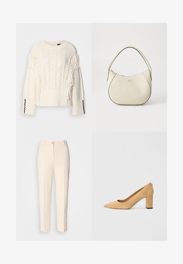 Sweter w kolorze kremowym, wykonany na drutach, z wzorami warkoczowymi, frędzlami na rękawach oraz prążkowanymi mankietami z czarnym przeszyciem.; Kremowe, wysokie spodnie wykonane z teksturowanej tkaniny. Posiadają zapięcie na guzik z przodu oraz zwężające się nogawki.; Beżowe zamszowe czółenka na wysokim obcasie z ostrym noskiem i szerokim słupkiem. Materiał ma miękką fakturę i gładkie wykończenie.; Kremowa torebka o teksturowanym wykończeniu, zaokrąglonym kształcie, krótkim uchwycie i złotym logo. Zamek błyskawiczny na górze.