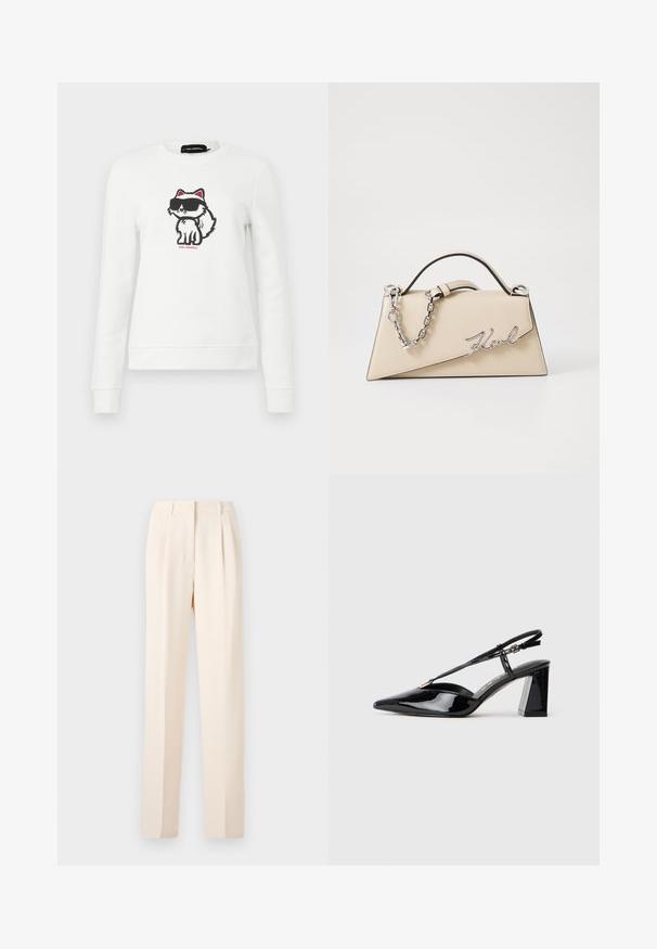 Hvit hettegenser med en tegneserie-rev med svarte solbriller og rosa detaljer, laget av myk stoff, med rund hals og ribbestrikkede mansjetter.; Beige skreddersydde bukser med folder, med en rett passform og glatt tekstur. Livet er rent uten synlig maskinvare.; Sorte lakkormede slingback høye hæler med spiss tå, justerbar stropp og kraftig rektangulær hæl.; Beige lærveske med en strukturert, trekantet form, som har et sølvfarget kjedehåndtak og en skrifttype-logo i metall.