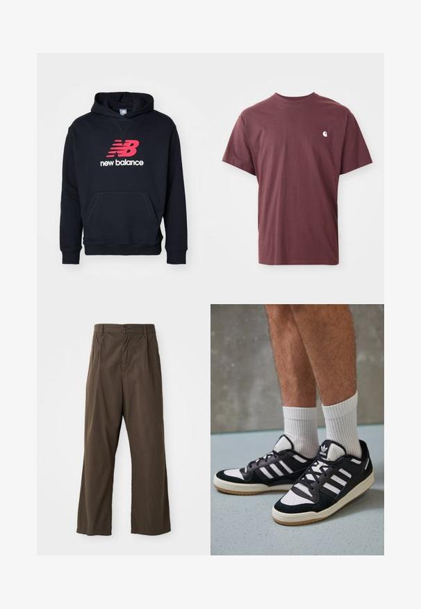 Sweatshirt preto com capuz, apresentando um grande logotipo "New Balance" em vermelho e branco na parte da frente, com um bolso canguru e punhos canelados.; T-shirt de algodão bordô com mangas curtas, decote redondo e um pequeno logótipo branco no lado esquerdo do peito. Textura suave, ajuste descontraído.; Calças largas, castanhas, feitas de algodão, com fecho frontal por botão, passadores de cinto e uma textura suave e mate.; Ténis em preto e branco com upper em camurça e couro, apresentando três riscas brancas, um toe perfurado e uma sola em borracha de goma.
