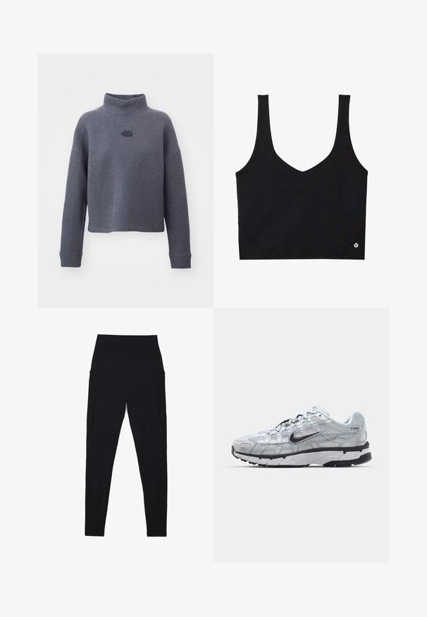 The North Face MOCK NECK - Camisola - black heather; Sutiã desportivo preto com alças largas, design em V, tecido texturizado e detalhe do logótipo na bainha. Acabamento suave, estilo minimalista.; Leggings pretos feitos de um tecido elástico, com uma cintura alta e canelada. Apresentam bolsos laterais e um design sem emendas para conforto.; Ténis Nike P-6000 com um cabedal em malha cinza claro, detalhes em preto e uma sola de borracha preta durável. Apresenta um design intrincado e um sistema de atacadores.