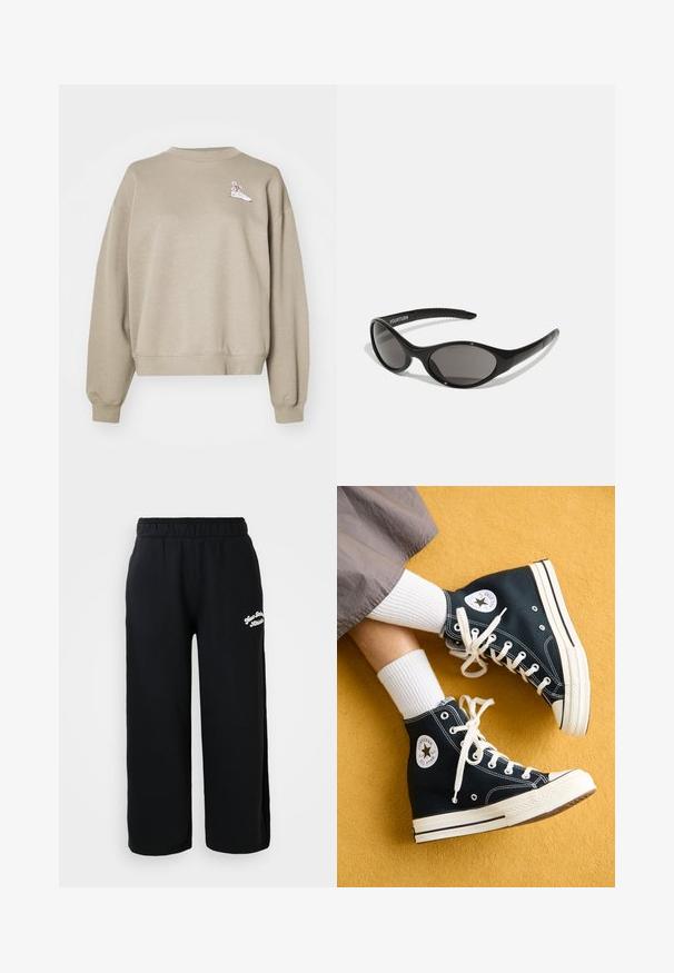 Khaki sweatshirt made of soft fabric, featuring a crew neck and relaxed fit. Includes a small graphic of a shoe with floral accents.; Black sweatpants made of soft cotton, featuring an elastic waistband and a cropped fit. Small white embroidered text on the side.; Black high-top canvas sneakers with white laces and rubber soles, featuring a round Converse All Star logo on the outer side.; Black sunglasses with an oval shape and dark lenses. Sleek plastic frame with textured accents on the arms. Branding on the side.