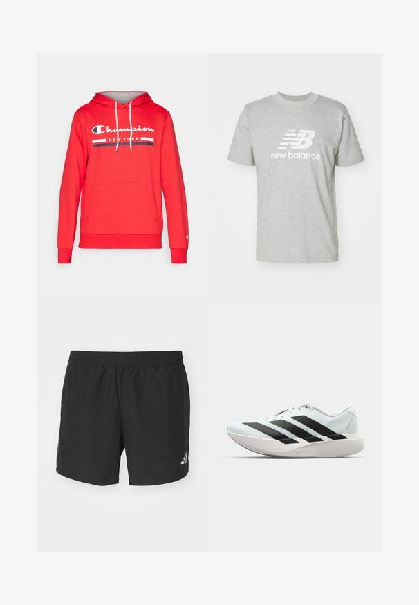 Champion GRAPHIC HOODIE - Mikina s kapucí - red; Světle šedé bavlněné tričko s krátkými rukávy, kulatým výstřihem a bílým logem "New Balance" výrazně umístěným na přední straně.; Černé sportovní šortky s elastickým pasem, bočními rozparky a reflexními akcenty loga. Vyrobené z lehkého a hladkého materiálu.; Lehké běžecké boty v světle modré barvě s černými pruhy. Mají hladký svršek, kulatou špičku a silnou bílou mezipodešev označenou "LIGHTSTRIKE PRO."