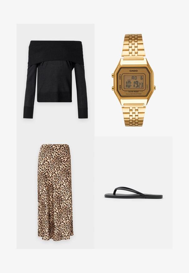 Melnas jebkurtas plecus atklājošas, garām piedurknēm augšdaļa ar ribotu apkakli, gludu audumu un pieguļošu siluetu. Cuffu tekstūra atšķiras.; Leoparda raksts garā svārku izgatavots no gludas auduma. Bēšs pamats ar melniem un brūniem plankumiem. Paplašināts dizains ar taisnu apakšmalu.; Melnas flip-flops ar minimālistisku dizainu, platu zoli, šaurām siksnām un gludu tekstūru. Nav papildus rakstu vai akcentu.; Zelta digitālā pulksteņa ar taisnstūra seju, LCD displeju, nerūsējošā tērauda siksniņu un pogām sānos. Iekļauts ūdensizturības marķējums.