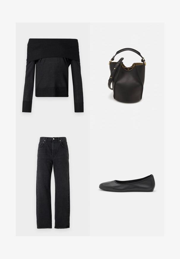 Černý top s odhalenými rameny a dlouhými rukávy, který má žebrovaný výstřih, hladký materiál a přiléhavý střih. Textura se liší na manžetách.; Černé džíny z denimu s rovnými nohavicemi, vysokým pasem, pěti kapsami a kovovými knoflíky. Hladká, mírně strukturovaná látka.; Černé kožené baletní byty s kulatou špičkou, hladkou texturou, minimálními švy a flexibilním designem podrážky.; Černá kožená kabelka ve tvaru vědra s texturovaným povrchem, zlatými kovovými akcenty a otevřeným vrchem. Obsahuje krátkou rukojeť a nastavitelný ramenní popruh.