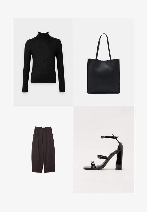 Črna rolka iz mehkega pletenega materiala. Prilagojen kroj z dolgimi rokavi in ribanim izrezom ter robom.; Črne široke hlače iz gladkega materiala, z visokim pasom, zgornjimi pregibi in stranskimi žepi. Preprost dizajn brez okrasnih elementov.; Črne lakaste sandale z visokimi petami, z dvema trakovoma z zaponkama, kvadratnim sprednjim delom in masivno širšo peto, z gladko, sijočo teksturo.; Črna usnjena torba s svilnato teksturo, pravokotne oblike in dvema dolgima ročajema. Brez vidnih metalnih delov ali okrasnih elementov.
