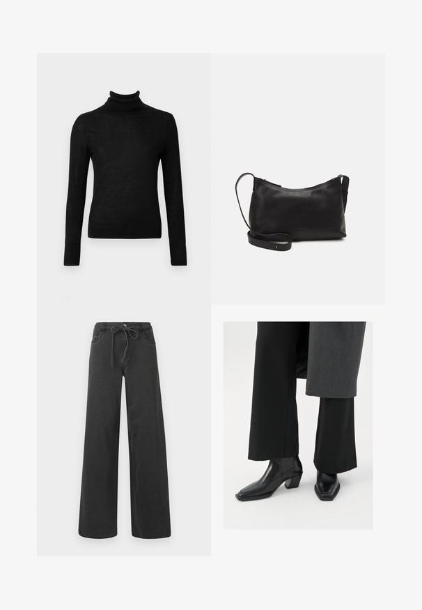 Melnas augstākās kakla svārki, izgatavoti no mīksta adījuma materiāla. Pielāgota dizaina ar garām piedurknēm un ribota kakla un apakšmalas.; Melni platajās kājas džinsi, izgatavoti no denima, ar aizsietu jostu, divām priekšējām kabatām un gludu tekstūru. Nav redzamu rakstu vai akcentu.; Melni potītes ar kvadrātu purngalu un sašaurinātu papēdi, izgatavotas no spīdīgas ādas ar vertikālām ribotām akcentiem sānos.; Melna ādas plecu soma ar gludu tekstūru, izliekta forma, regulējama siksna un rāvējslēdzēja aizdare. Minimālistisks dizains bez rotājumiem.