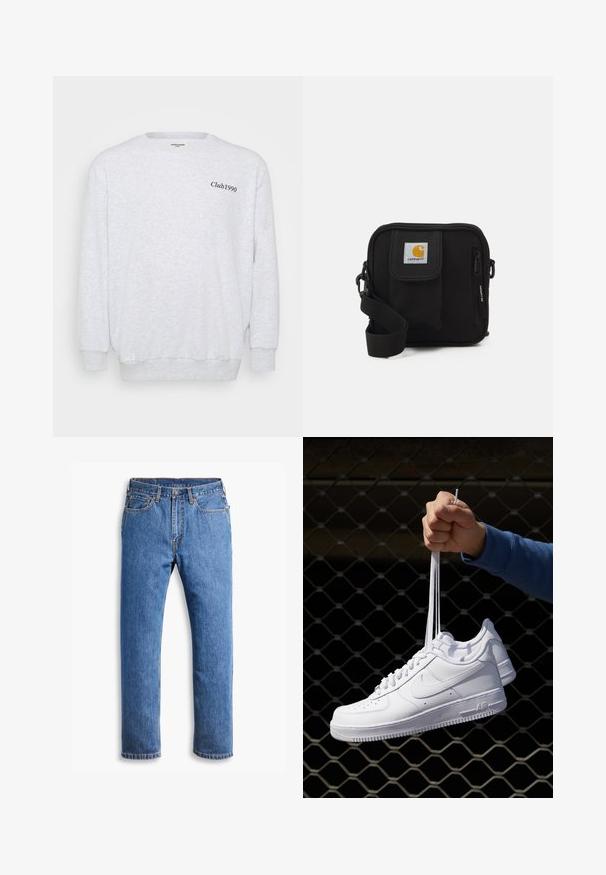 Sudadera gris claro hecha de material de felpa. Cuenta con un cuello redondo, mangas largas y "Club1990" impreso en negro en la parte delantera.; Camiseta blanca de manga corta hecha de algodón, con un cuello redondo y una textura suave, con un corte recto y sin patrones.; Jeans de mezclilla azul con corte recto, que cuentan con cinco bolsillos, cierre de botón y acentos de costura naranja sobre un fondo blanco limpio.; Zapatillas de cuero blanco con perforaciones, punta redonda, suela plana y cordones gruesos, con un logo de swoosh visible y "AIR" en el talón.; Bolso bandolera negro con un compartimento principal con cremallera, bolsillo frontal, correa ajustable y un parche de logo visible en la tapa.