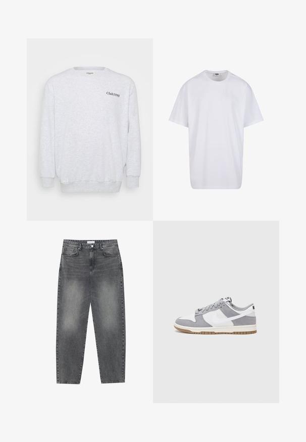 Jasnoszara bluza z materiału polarowego. Posiada okrągły dekolt, długie rękawy oraz czarny nadruk "Club1990" z przodu.; Biała bawełniana koszulka z krótkimi rękawami, okrągłym dekoltem, luźnym krojem i bez widocznych logo lub wzorów. Gładka tekstura i minimalistyczny design.; Jeansy z wysokim stanem, luźne, w wyblakłym czarnym deninie. Posiadają pięć kieszeni, szlufki na pasek oraz prosty, klasyczny krój nogawek.; Szare i białe trampki z zamszową i skórzaną cholewą, okrągłym noskiem, płaskimi sznurówkami i gumową podeszwą z akcentem w kolorze gumy.