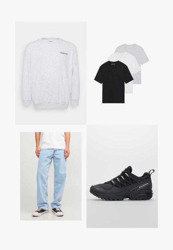 Helles graues Sweatshirt aus Fleece-Material. Verfügt über einen Rundhalsausschnitt, lange Ärmel und "Club1990" in Schwarz auf der Vorderseite gedruckt.; Set von drei basic T-Shirts in Schwarz, Weiß und Hellgrau. Kurze Ärmel, Rundhalsausschnitt, aus glattem Baumwollstoff. Markenlogo sichtbar.; Hellblaue Jeans aus Denim mit lockerer Passform, gerade Beinform und Standardnähte, kombiniert mit schwarzen Sneakers.; Schwarze Sportschuhe mit einem Obermaterial aus Mesh, Gummisohle und reflektierenden Akzenten. Verfügt über eine gepolsterte Sohle und ein Schnürverschlussdesign.