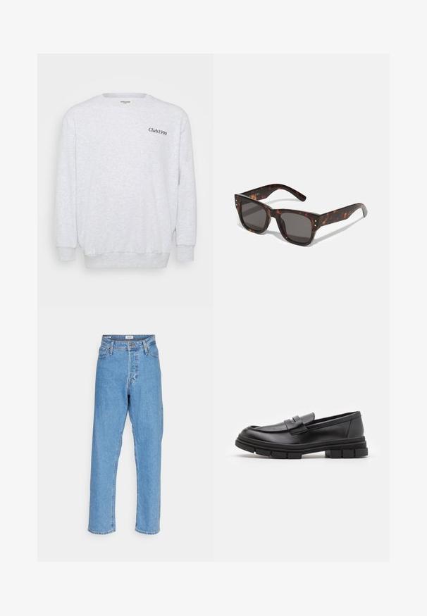 Sweat-shirt gris clair en matériau polaire. Il dispose d'un col rond, de manches longues et de "Club1990" imprimé en noir à l'avant.; Jeans taille haute droite bleu clair avec bouton à l'avant, fermeture éclair, passants de ceinture et design à cinq poches sur fond blanc.; Mocassins en cuir noir avec une finition lisse, présentant un détail de sangle à l'avant et une semelle en caoutchouc épaisse avec des accents striés.; Lunettes de soleil en écaille de tortue avec lentilles foncées, monture carrée et studs argentés en accent à l'avant. Fabriquées en plastique, légères et durables.