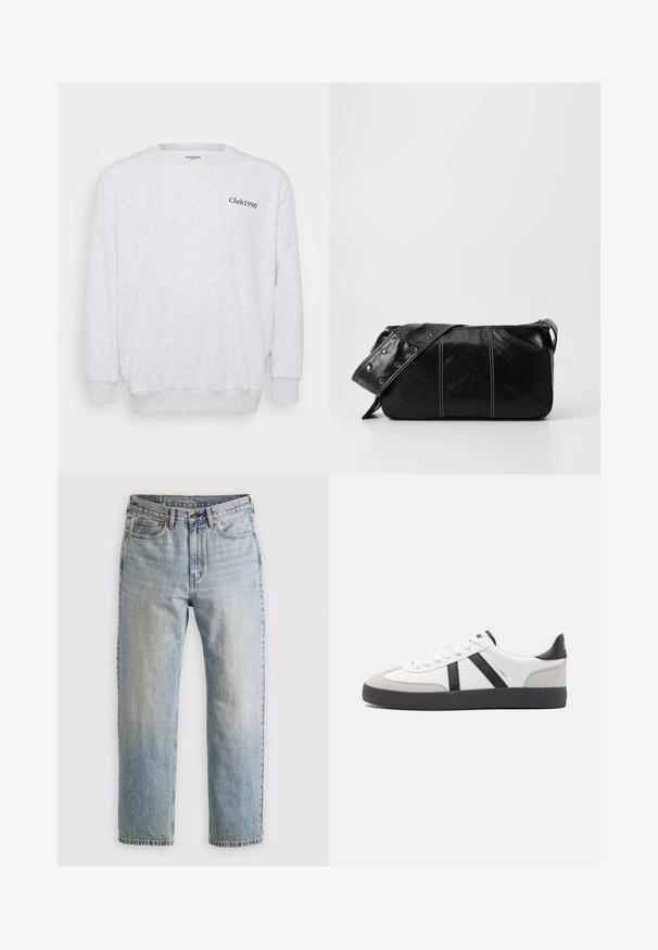 Sweat-shirt gris clair en matériau polaire. Il dispose d'un col rond, de manches longues et de "Club1990" imprimé en noir à l'avant.; Jean en denim bleu clair à taille haute, avec bouton avant, fermeture éclair et design à cinq poches, posé à plat sur un fond neutre.; Baskets blanches avec des accents noirs et gris, présentant un embout texturé gris, une semelle en caoutchouc noir et des lacets plats blancs. Design épuré, style minimaliste.; Sac à épaule en cuir noir avec une fermeture éclair, doté d'un corps texturé, de coutures blanches et d'une sangle avec des œillets en argent.