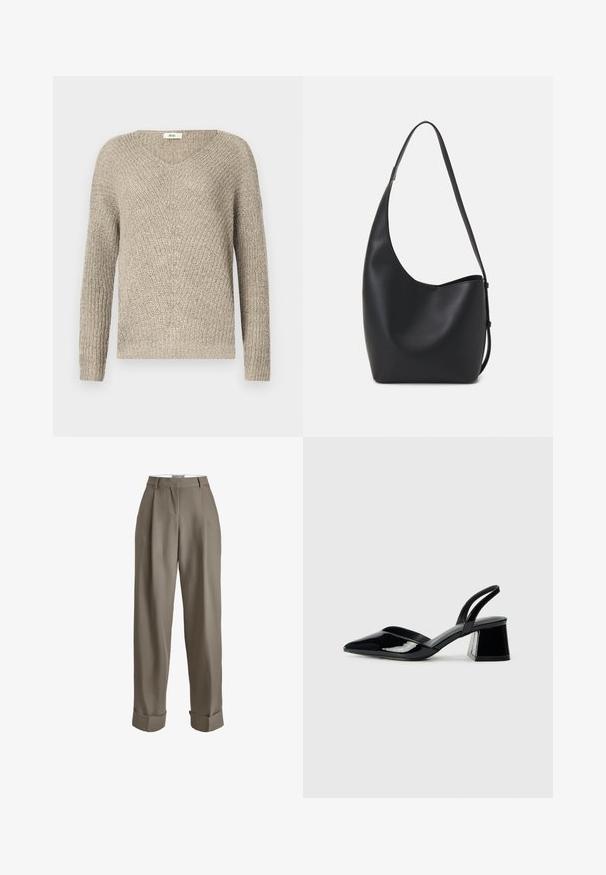 Világos bézs kötött pulóver, V-nyakkal, hosszú ujjakkal, texturált mintázattal, bordás mandzsettával és szegéllyel.; Taupe magas derekú nadrág, széles szárú, redőkkel, cuffolt szegélyekkel és sima szövettextúrával. Nincs látható záródás.; Fekete lakk bőr szandálkés magas sarkú cipő, hegyes orral és geometrikus tömbsarkakkal. Karcsú, minimalista dizájn és sima textúra jellemzi.; Fekete bőr hobo táska sima textúrával, ívelt formával és egyetlen állítható pánttal; széles nyílás található a tetején.