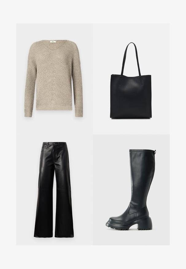 Világos bézs kötött pulóver, V-nyakkal, hosszú ujjakkal, texturált mintázattal, bordás mandzsettával és szegéllyel.; Fekete, magas derekú, széles lábú, műbőr nadrág elülső gombbal, cipzárral, övbújtatókkal és oldalsó zsebekkel, fehér háttérrel.; Magas fekete bőrcipő, vastag platform talppal és blokk sarokkal, húzófüllel és texturált profillal az outsole-on.; Fekete bőrtáska sima felszínnel, téglalap alakú, két hosszú füllel. Nincs látható fémkiegészítő vagy díszítés.