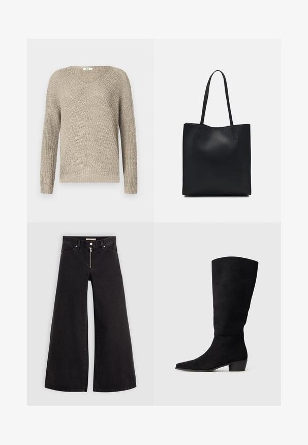 Maglione lavorato a maglia beige chiaro con scollo a v, maniche lunghe e motivo strutturato con polsini e orlo a coste.; Jeans a gamba larga in denim nero con chiusura a zip, design a cinque tasche e dettagli di cucitura sottili. Texture morbida e stile casual.; Stivale nero in suede alto fino al ginocchio con tacco basso e punta affusolata, presentato in vista laterale su uno sfondo grigio chiaro uniforme.; Borsa tote in pelle nera con texture liscia, forma rettangolare e due manici lunghi. Nessun hardware o decorazione visibile.