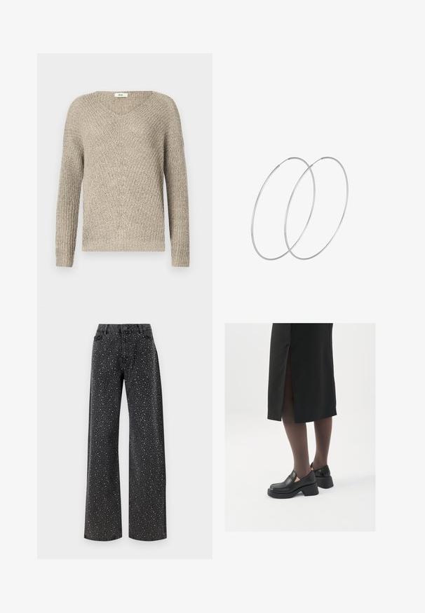 Lichtbeige gebreide trui met v-hals, lange mouwen en een gestructureerd patroon met ribbelboorden en onderrand.; Noisy May NMJANNEL LOOSE - Relaxed fit jeans - black denim; Zwarte leren schoenen met een ronde neus, dikke blokhak en elastische zijkanten, gecombineerd met donkere panty's en een zwarte rok met een split.; Zilveren hoepel oorbellen met een minimalistisch ontwerp. Cirkelvormig, gladde textuur en dun profiel. Lichtgewicht met een gepolijste afwerking.