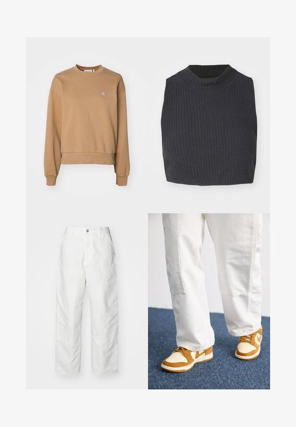 Carhartt WIP CASEY - Sweatshirt - peanut/silver; Gekürztes, geripptes Oberteil in Dunkelblau mit hohem Kragen und dezentem Nike-Logo. Der Stoff hat ein strukturiertes, elastisches Erscheinungsbild.; Weiße Cargo-Hosen aus Denim mit lockerer Passform, Seitentaschen und sichtbaren Nähdetails. Schlichte Vorderseite mit Knopfverschluss.; Braune und cremefarbene Sneaker aus Wildleder und Leder, mit perforierter Zehenpartie, Schnürsenkeln und weißen Sohlen. Getragen mit weißen Hosen.