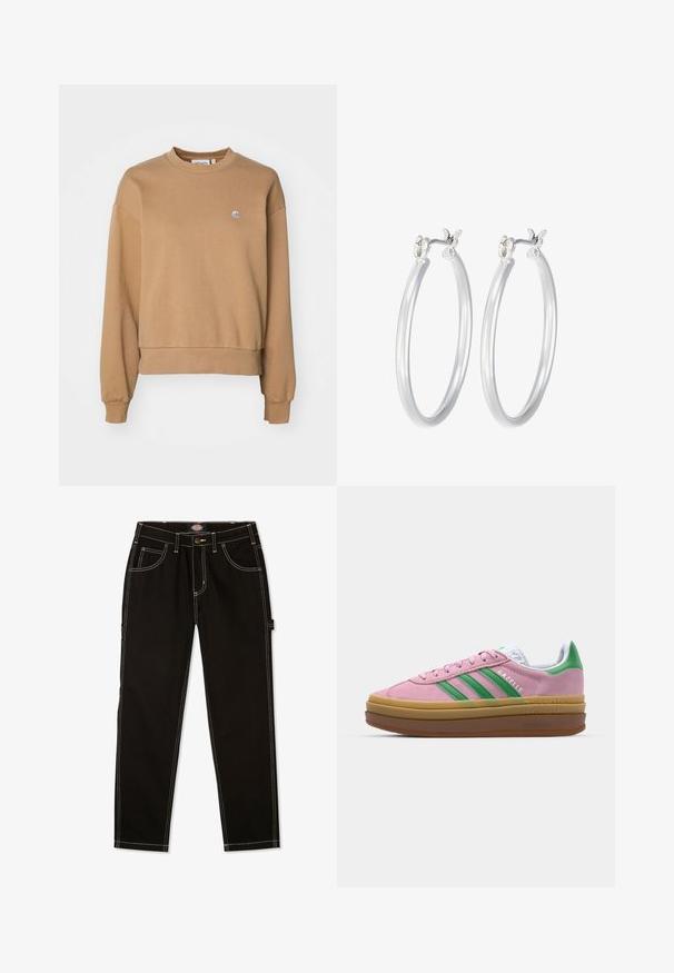 Carhartt WIP CASEY - Pusa - peanut/silver; Mustad teksased kontrastsete valgete õmblustega, viie taskuga ja küljetabaga. Standardselt sobiv, sirge jala disain.; Roosa nahast tossud roheliste triipude, valgete aktsentide ja pruuni kummitaldiga. Omavad tekstuuriga kangast ja logo detaile külgedel.; Hõbedased rõngaskõrvarõngad, millel on sile, läikiv viimistlus. Ümmargune kuju ja turvaline klõpsulatus. Kerge disain, sobib igapäevaseks kandmiseks.