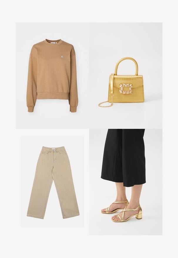 Carhartt WIP CASEY - Melegítőfelső - peanut/silver; Beige, széles lábú farmernadrág, mely magas derékkal, elülső zsebekkel és kontrasztos varrásokkal rendelkezik. A dizájn gombos záródást tartalmaz.; Arany szíjú szandálok vastag sarokkal, keskeny pántokkal és csattal, sima fehér háttér előtt.; Sárga műbőr krokodil mintás kézitáska strukturált kialakítással, felső fogantyúval, leválasztható lánccal és díszes kristály díszítéssel a záron.