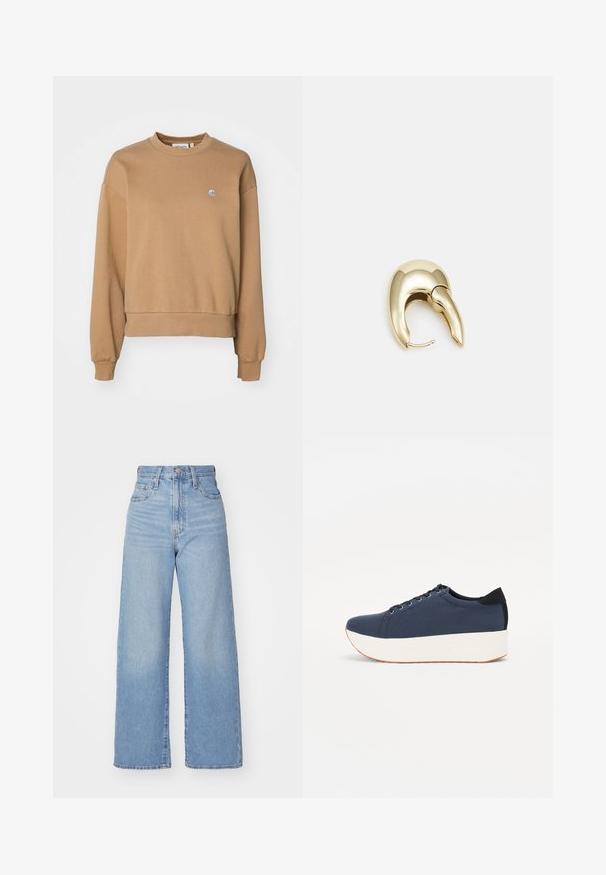 Carhartt WIP CASEY - Sudadera - peanut/silver; Jeans de tiro alto y pernera ancha en azul claro, con cierre frontal de botón y cremallera, y bolsillos delantero y trasero, sobre un fondo blanco.; Zapatilla de color azul marino con parte superior de tejido texturizado, suela de plataforma blanca, punta redondeada y acento en el talón negro. Cuenta con seis ojales para los cordones.; Pendiente de metal en tono dorado con un diseño elegante y curvado. Presenta una forma puntiaguda distintiva, superficie pulida y cierre de bisagra.