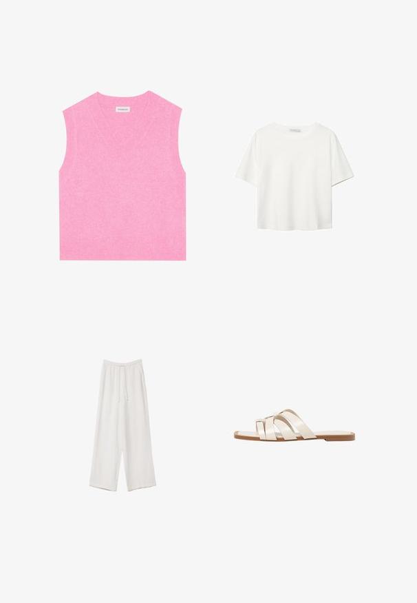 Even&Odd - Sweter; Biała koszulka z krótkim rękawem, wykonana z bawełny. Posiada okrągły dekolt i luźny krój. Gładka faktura bez widocznych wzorów czy akcentów.; Białe spodnie o szerokich nogawkach wykonane z lekkiego materiału. Posiadają elastyczny pas z sznurkiem i boczne kieszenie. Gładka tekstura.; Płaskie sandały z brązową gumową podeszwą, zaprojektowane z trzema nakładającymi się na siebie białymi skórzanymi paskami i małym detalem w postaci kokardy na środku.