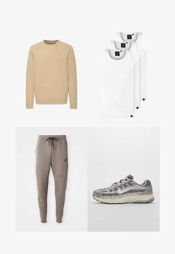 Beige Sweatshirt mit rundem Halsausschnitt, langen Ärmeln und einem erhabenen Logo auf der Brust. Weicher Stoff mit glatter Textur und gerippten Bündchen.; Drei weiße, gerippte Tanktops aus Baumwolle. Merkmale einen Rundhalsausschnitt und kleine schwarze Etiketten am Saum. In mehreren Größen erhältlich.; Graue Nike-Sweatpants mit einem Kordelzugbund, schmal zulaufenden Beinen, seitlichen Taschen und auffälliger Nahtgestaltung. Weicher, strukturiert Stoff.; Grauer Sportschuh mit einem Obermaterial aus Mesh und Wildleder, weißen Akzenten, einer gepolsterten Sohle und einem charakteristischen Design mit reflektierenden Elementen.