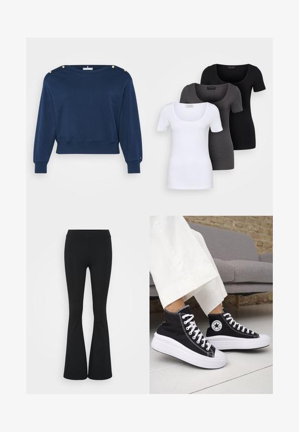 Navy blue cropped sweatshirt made of cotton. Features gold decorative buttons on shoulders and ribbed cuffs and hem.; Three fitted T-shirts in white, gray, and black. Each features a wide scoop neckline and short sleeves. Made from smooth, stretchy fabric.; Black flared pants made of stretchy fabric, featuring a high waistband and a smooth texture. The pants flare out from the knee.; Black high-top sneakers with white rubber soles and laces. Features a round logo patch and contrasting white stitching. Canvas material.