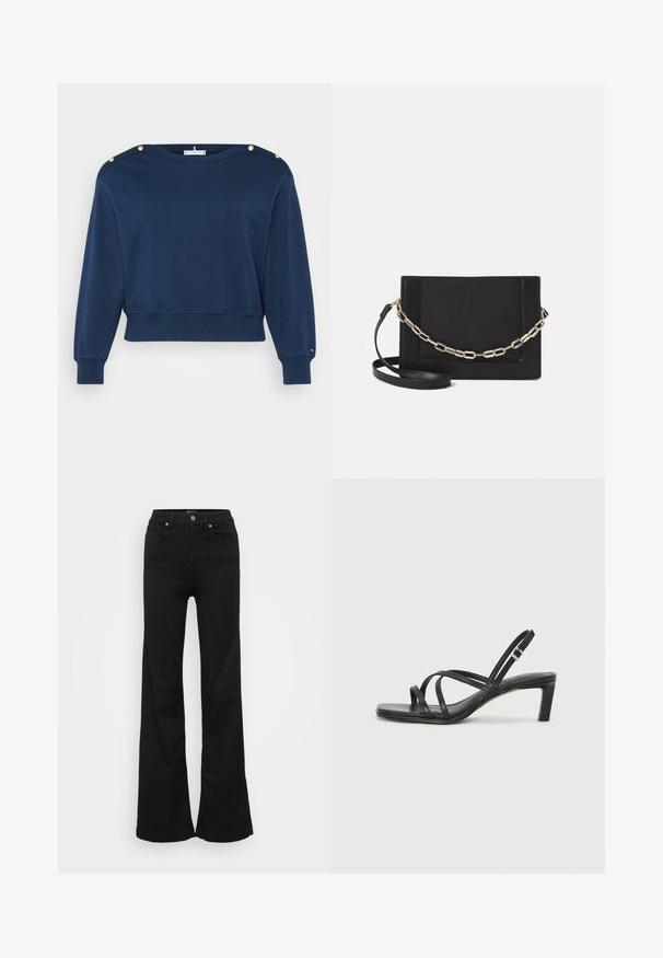 Navy blue cropped sweatshirt made of cotton. Features gold decorative buttons on shoulders and ribbed cuffs and hem.; Black flared jeans made from denim, featuring a high waist, five pockets, and metal button closure. Smooth texture with minimal detailing.; Black strappy sandal with a square toe and a low block heel. Features multiple thin straps and an adjustable ankle strap. Made of smooth leather.; Black leather crossbody bag featuring a smooth texture, rectangular shape, and a metallic chain detail on the front. Adjustable strap included.