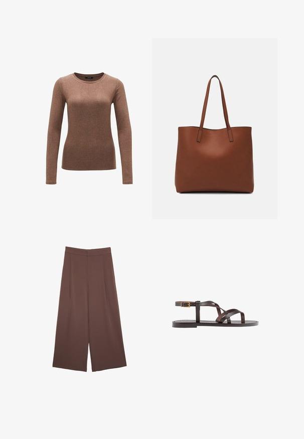 Brauner, gerippter Pullover mit langen Ärmeln, Rundhalsausschnitt, figurbetonter Passform und weicher Textur. Verfügt über eine nahtlose Ausführung an den Bündchen und dem Saum.; Braune Weite-Leg-Hosen mit einer glatten Textur, hoher Taille und Vorderfalten. Der Stoff ist leicht und fällt locker.; Braune Leder-Sandale mit überkreuzten Riemen, einem Knöchelriemen mit Schnalle und einer flachen Sohle mit minimalen Nähdetails.; Braune Leder-Tote mit glatter Textur, offenem Oberteil und zwei Schulterriemen. Verfügt über minimale Nähte und keine sichtbaren Beschläge.