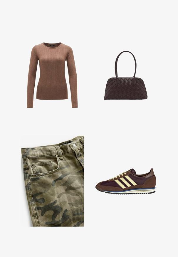 Brauner, gerippter Pullover mit langen Ärmeln, Rundhalsausschnitt, figurbetonter Passform und weicher Textur. Verfügt über eine nahtlose Ausführung an den Bündchen und dem Saum.; Next Jeans Shorts - camo print; Braune und burgunderfarbene Sneaker aus Wildleder und Mesh-Materialien, mit drei cremefarbenen Streifen, strukturiertem Stoff an der Zunge und einer Gummisohle.; Geflochtene braune Ledertasche mit runder Form, doppeltem oberen Griff und glatter Textur; verfügt über subtile Nähte als Designdetail.
