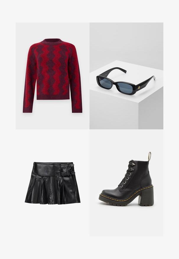 Pletena vesta u tamnocrvenoj boji s kontrastnim cik-cak uzorcima u svjetlijoj crvenoj. Ima okrugli izrez i duge rukave, izrađena je od mekanog materijala.; Crna kožna suknja s plisovima, širokim pojasom i dva akcenta s kopčama sa strane. Glatka tekstura s sjajnim završetkom.; Crne kožne gležnjače s robusnom visokim potpeticom, vezanjem sprijeda, metalnim rupicama i žutim šavovima uz potplat. Teksturirana guma na potplatu.; Crne pravokutne sunčane naočale s plavim obojenim lećama, debelim okvirom i zlatnim kružnim detaljem sa strane. Elegantna, sjajna završna obrada.; Bordo torbica napravljena od sintetičkog materijala sa strukturiranim dizajnom, koja ima odvojivi remen i cvjetni šal vezan za ručku.