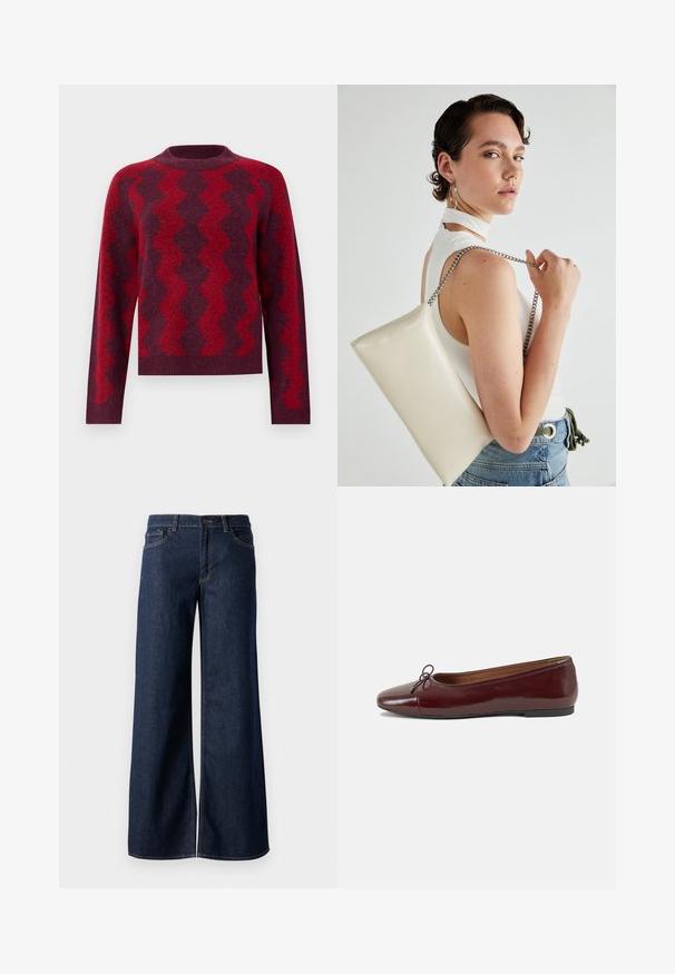 Tamsiai raudonas megztinis su kontrastingais zigzagų raštais šviesesnėje raudonoje spalvoje. Turi apvalų kaklą ir ilgas rankoves, pagamintas iš minkštos medžiagos.; Plati kojinės džinsai tamsiai mėlynos džinsinės medžiagos. Yra kontrastingas siuvimo ornamentas, penkios kišenės ir užsegimas mygtuku juosmenyje. Lygus paviršius.; Bordo lakiotos odos baleto bateliai su apvalia nosimi, maža kaspinėlio akcentu priekyje ir žema juoda guma padanga. Lygi tekstūra.; Balta, stačiakampio formos rankinė pagaminta iš blizgaus medžiagos, su sidabriniu virvute. Modelis pozavo, demonstruodamas rankinę prieš paprastą foną.