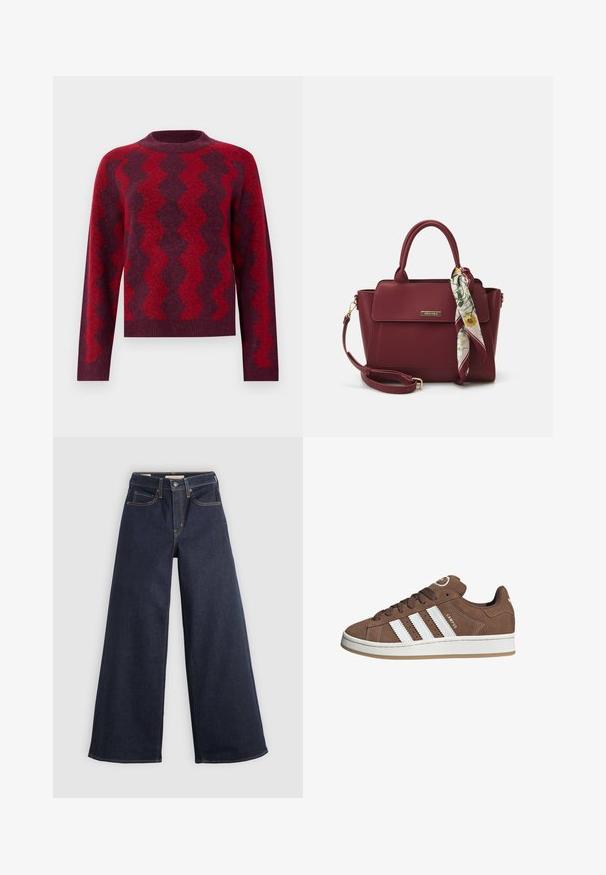 Dunkelroter Strickpullover mit kontrastierenden Zickzackmustern in hellem Rot. Mit Rundhalsausschnitt und langen Ärmeln, aus weichem Material gefertigt.; Helle-bein Jeans aus Denim in Dunkelblau mit Kontrastnähten. Mit traditionellem Fünf-Taschen-Design und einem Knopfverschluss an der Taille.; Braune Wildledersneaker mit weißen Lederstreifen, Gummisohle, gerundetem Zehenbereich und Schnürung. Mit einem Logo auf der Zunge und perforierten Akzenten.; Burgunderfarbene Handtasche aus synthetischem Material mit strukturiertem Design, ausgestattet mit einem abnehmbaren Trageriemen und einem blumenmusternden Schal, der am Griff gebunden ist.
