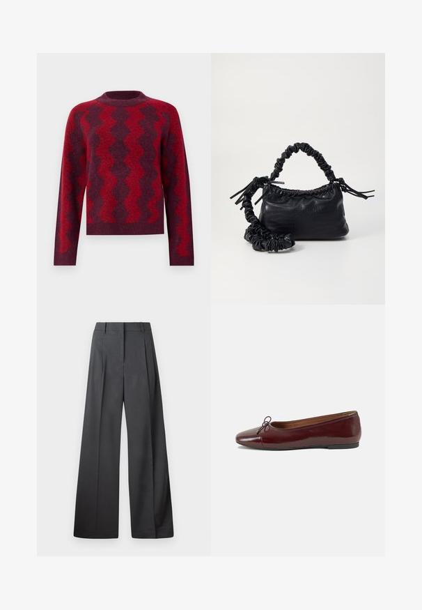 Strikkegenser i mørkerød med kontrasterende sik-sak mønster i lysere rød. Har rund hals og lange ermer, laget av mykt materiale.; Vide bukser i mørkegrått stoff med høy livlinje, enkel press, og en glatt tekstur med en ren finish på ermekantene.; Burgunderrød lakk lær ballettleilighet med rund tå, liten sløyfe foran og en lav, svart gummisåle. Glatt tekstur.; Svart faux skinn-håndveske med krokodilletekstur, strammet topp og en rynket stropp. Ser myk og kompakt ut i designen.