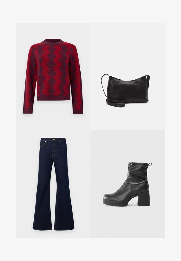 Adīts džemperis tumši sarkanā krāsā ar kontrastējošām zigzag rakstām gaišāk sarkanā krāsā. Iespējas ietver apaļu kakla izgriezumu un garas piedurknes, izgatavots no mīksta materiāla.; Tumši zili izplūduši džinsi ar augstu vidukli, priekšējām kabatām un zelta izšuvuma akcentiem. Gluda tekstūra ar tradicionālu griezumu.; Melni potītes zābaki, kas izgatavoti no gludas ādas, ar sānu rāvējslēdzēju, masīvu strukturētu papēdi un noapaļotu purngalu.; Melna ādas plecu soma ar gludu tekstūru, izliekta forma, regulējama siksna un rāvējslēdzēja aizdare. Minimālistisks dizains bez rotājumiem.