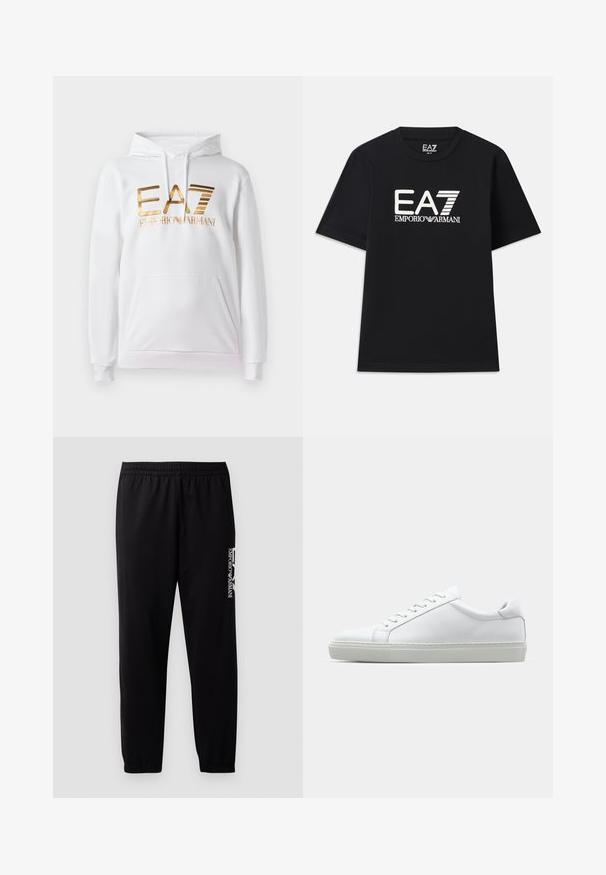 Biała bluza z kapturem z przednią kieszenią, z złotym metalicznym logo z napisem "EA7 EMPORIO ARMANI". Miękka tkanina i ściągacze przy mankietach.; Czarna koszulka z bawełny, z okrągłym dekoltem i krótkimi rękawami. Haftowane logo "EA7 EMPORIO ARMANI" na przodzie w kolorze białym.; Czarne spodnie sportowe z gładkiego materiału, z elastycznym pasem i mankietami oraz kontrastowym logo nadrukowanym z boku.; Białe sneakersy z gładką skórzaną cholewką i niskim profilem. Posiadają okrągły nos, sześć dziurek na sznurówki oraz teksturowaną gumową podeszwę.
