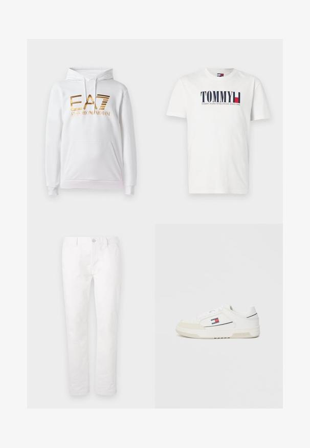 Baltas vilnos džemperis su priekinia kišenė, su auksine metaline logo, kurioje užrašyta "EA7 EMPORIO ARMANI." Minkšta medžiaga ir raštuotos rankovės.; Balta medvilninė marškinė su užrašu "TOMMY" tamsiai mėlyna ir raudona spalvomis, o žemiau dideliu šriftu užrašyta "TOMMY JEANS WORLDWIDE SINCE 1985".; Baltos medvilninės kelnės su tiesiomis kojomis, turinčios mygtuko užsegimą, diržo kilpas ir be matomų raštų ar akcentų.; Balti sportbačiai su lygiu odiniu viršumi ir zomšinėmis nosinėmis, ant šono su mažuoju raudonu, baltu ir mėlynu logotipu bei tekstūruotu padu.