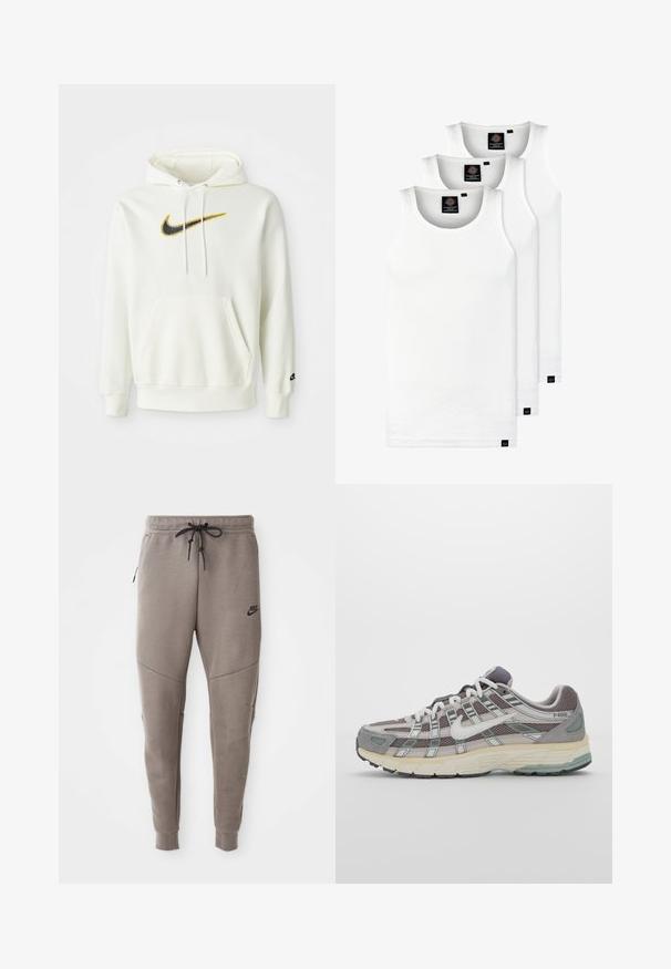 Sweatshirt de algodão branca com um bolso frontal, apresentando um logótipo da Nike em preto e amarelo. Possui capuz com cordão e punhos e bainha em malha canelada.; Três tops em algodão de alças brancas com nervuras. Apresentam um decote redondo e pequenas etiquetas pretas perto da bainha. Disponíveis em vários tamanhos.; Calças de treino cinzentas da Nike com um cós elástico ajustável, pernas ajustadas, bolsos laterais e pormenores de costura distintos. Tecido suave e texturizado.; Sapatilha atlética cinza com parte superior em malha e camurça, detalhes brancos, sola acolchoada e um design distinto com elementos refletivos.