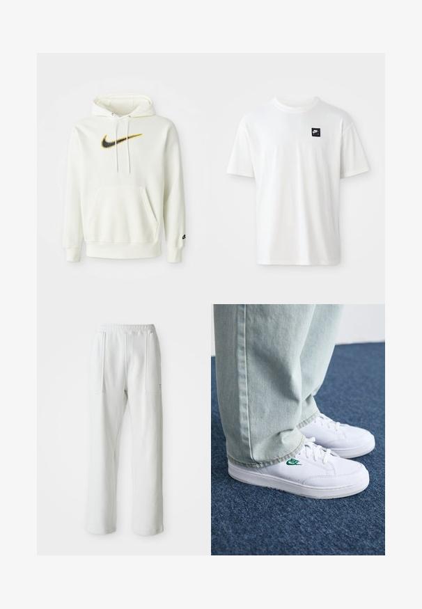 Bela bomba iz bombaža z žepom spredaj, ki vsebuje črno in rumeno Nike znamko. Ima kapuco z vrvico in ribane manšete ter rob.; Bela bomba iz 100% bombaža s kratkimi rokavi in okroglim izrezom; na levem prsnem delu ima majhen črn pravokotni logotip Nike Air.; Bele udobne hlače z elastiko v pasu in velikima sprednjima žepoma, prikazane na enostavni svetli podlagi.; Bela usnjena športna obutev z zelenim Nike logotipom, okrogla konica, ravna podplat, v kombinaciji z svetlo modrimi kavbojkami, prikazana na modrem preprogu.